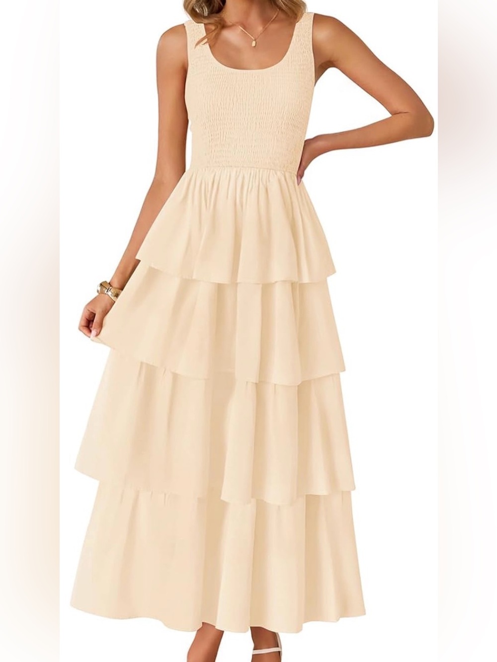 ZESICA Summer Boho Sleeveless Midi Dress Scoop Neck Ruffle Tiered Layered